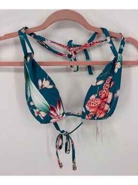 La Blanca Womens Teal & Pink Floral Bikini Halter Tie Top with Padded Cups